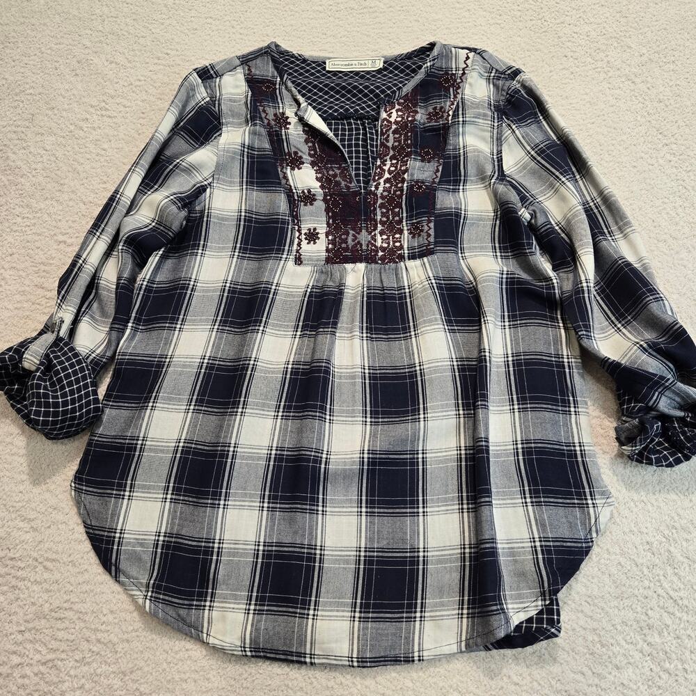 Abercrombie & Fitch Embroidered Plaid Tunic Top Roll Tab Sleeves Women's Size M